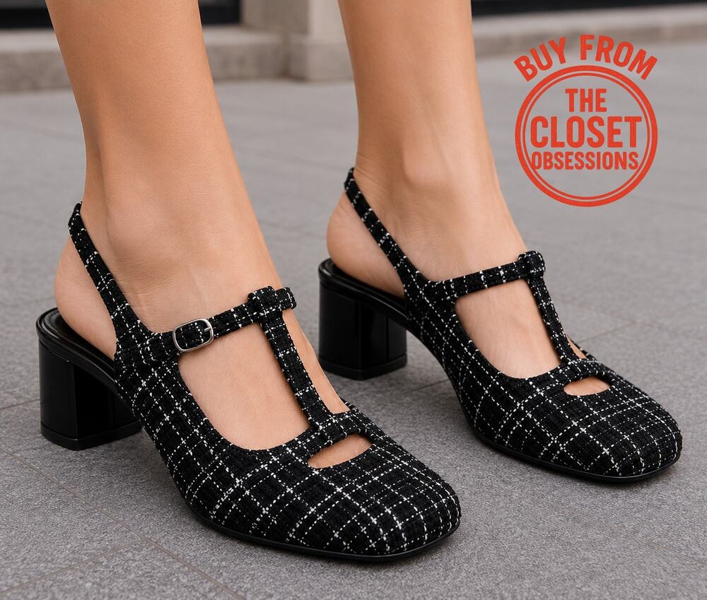 Zara NWT Black Tweed Mary Jane Slingback Block Heels 7.5 8
